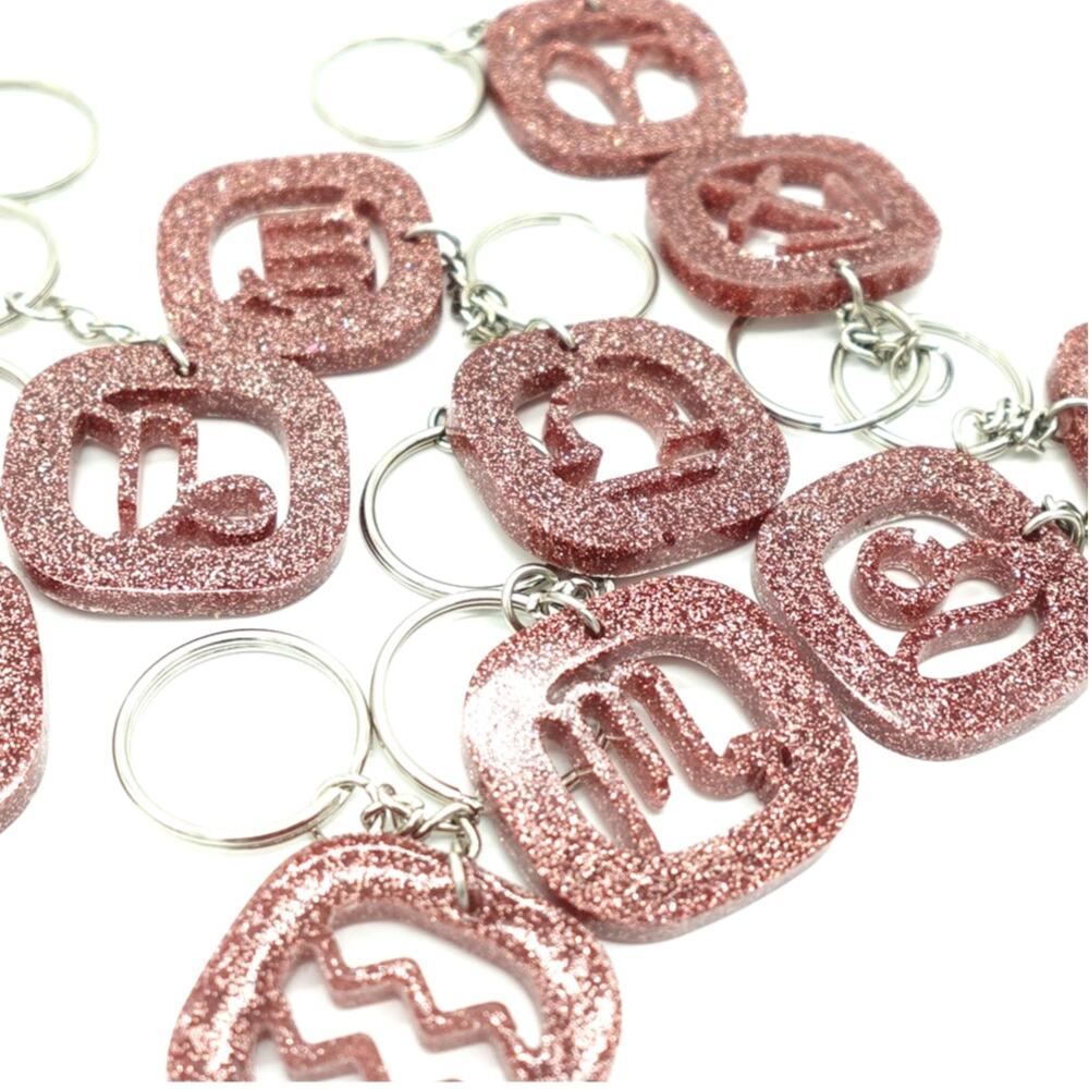 Rose Glitter Gold ZODIAC Charm Keychain
